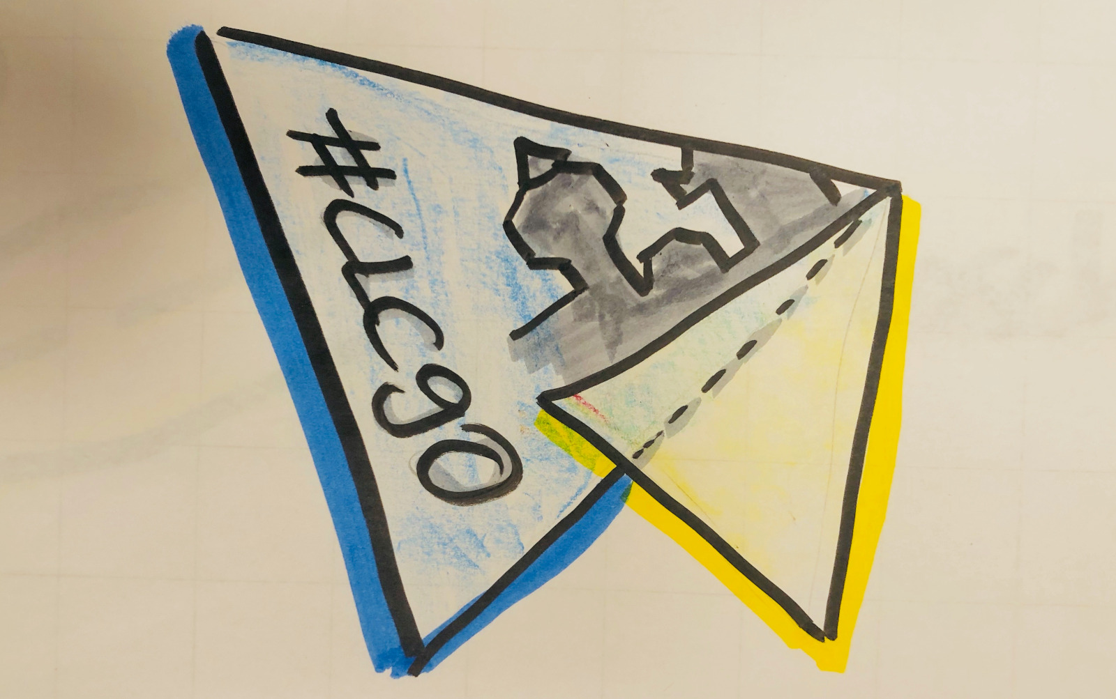 Logo der CLC90 (Quelle: Boris Wieloch), Das Bild zeigt das Logo der regionalen CLC-Gruppe Nürnberg. Das Bild zeigt eine bunte, handgezeichnete Papierform in Form eines Papierfliegers oder Pfeils. Darauf steht der Schriftzug „clc90". Im Inneren des Fliegers ist ein Teil einer Weltkarte zu sehen. Die Farben Blau und Gelb heben den Flieger hervor. Die Zeichnung wirkt dynamisch - als Zeichen für Bewegung oder Aufbruch.
