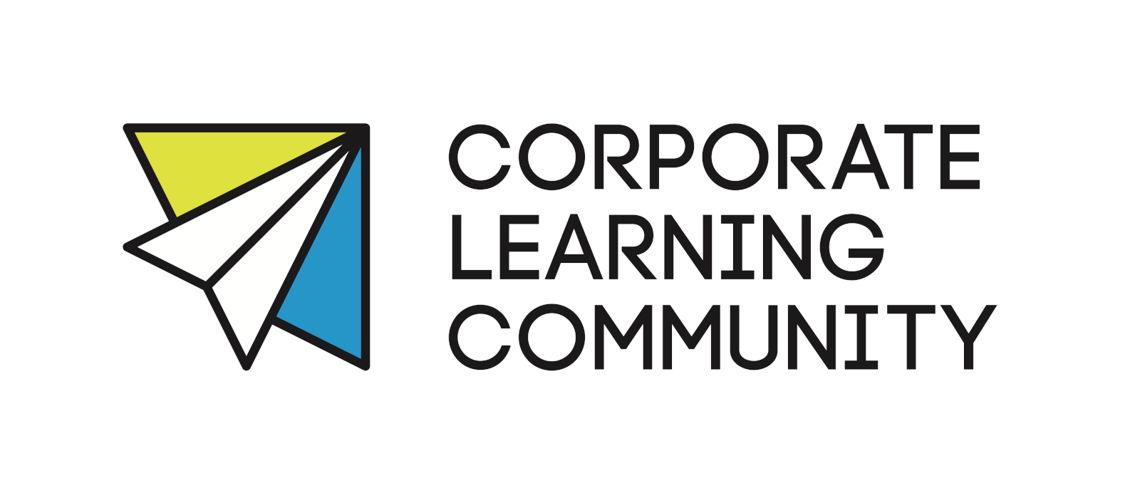 Das neue Logo der Corporate Learning Community, Die Grafik zeigt das ab November 2025 genutzte Logo der Corporate Learning Community. Links ist ein stilisierter Papierflieger zu sehen. Er besteht aus weißen, blauen und gelben Dreiecken. Rechts daneben steht in großer, schwarzer Schrift: Corporate Learning Community.