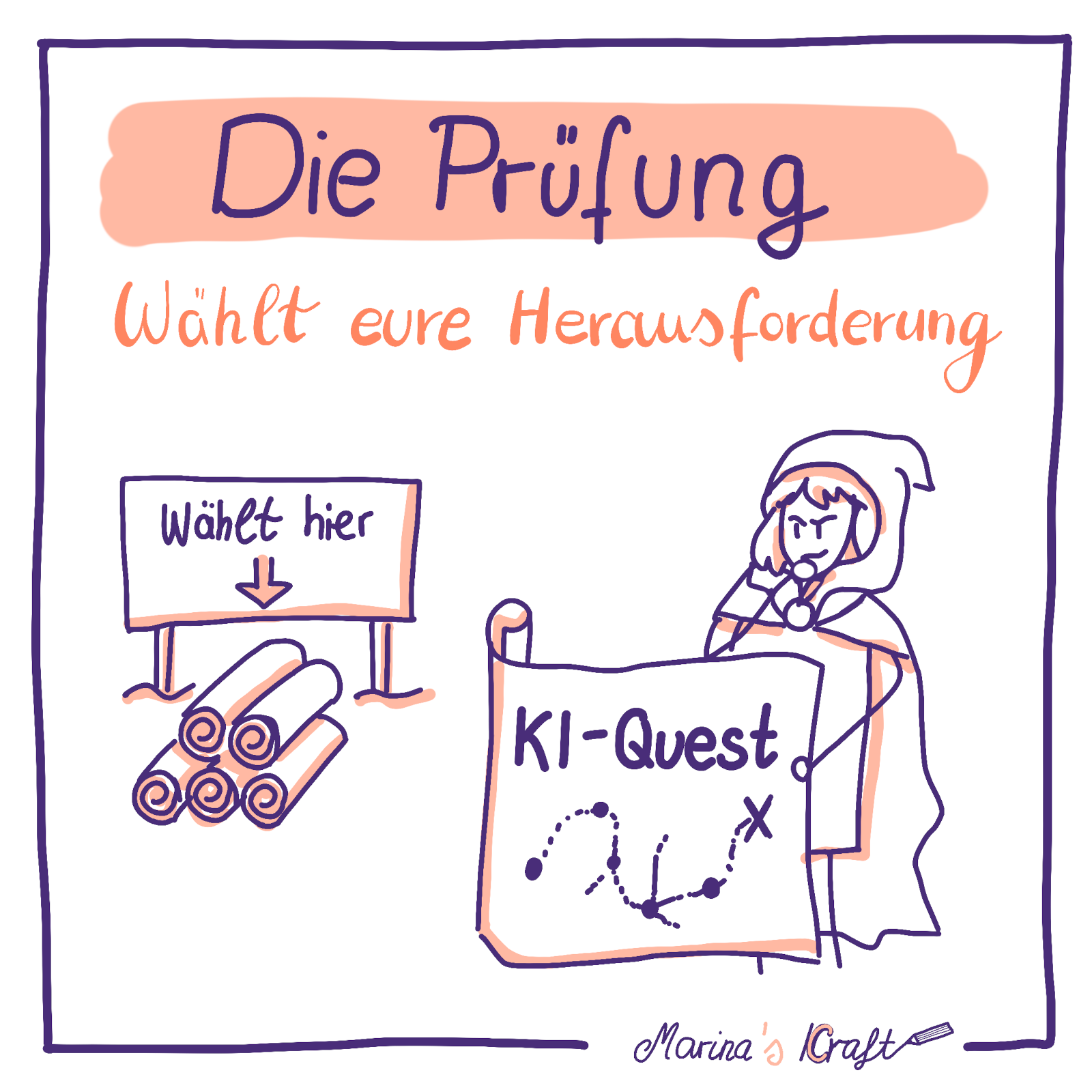 Die Grafik zeigt eine gezeichnete Szene mit der Überschrift: „Die Prüfung -- Wählt eure Herausforderung". Links sieht man eine Hinweistafel mit der Aufschrift „Wählt hier" und mehrere zusammengerollte Schriftrollen. Rechts hält eine Person in einem Umhang eine Karte mit dem Titel „KI-Quest" -- also eine Aufgabe zum Thema Künstliche Intelligenz.