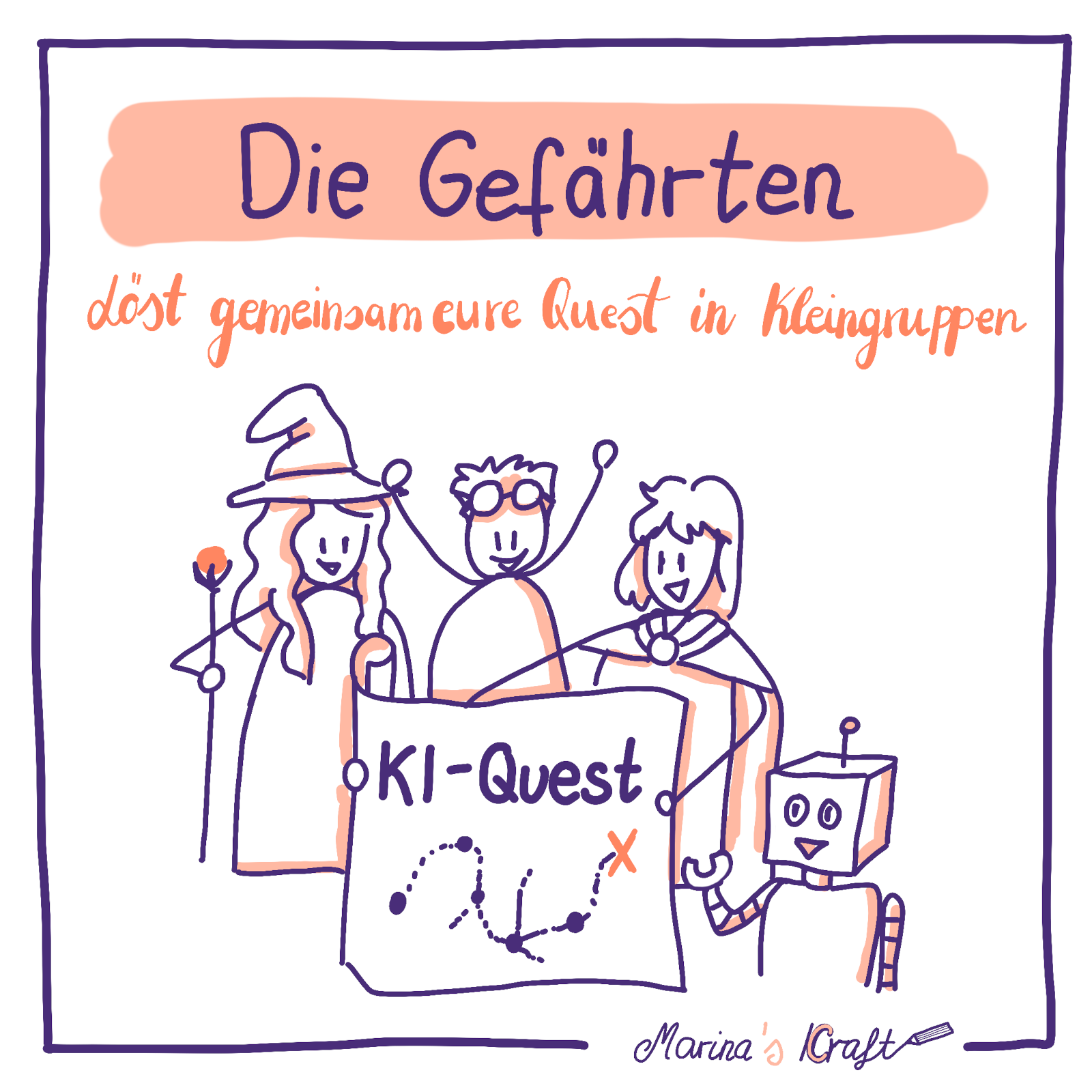 Die Grafik zeigt eine gezeichnete Gruppe von vier Personen und einem Roboter. Sie halten gemeinsam eine Karte mit der Aufschrift „KI-Quest" in der Hand -- das steht für eine Aufgabe zum Thema Künstliche Intelligenz. Oben steht der Titel: „Die Gefährten" Darunter: „Löst gemeinsam eure Quest in Kleingruppen" -- das bedeutet: Die Aufgabe wird im Team gelöst.