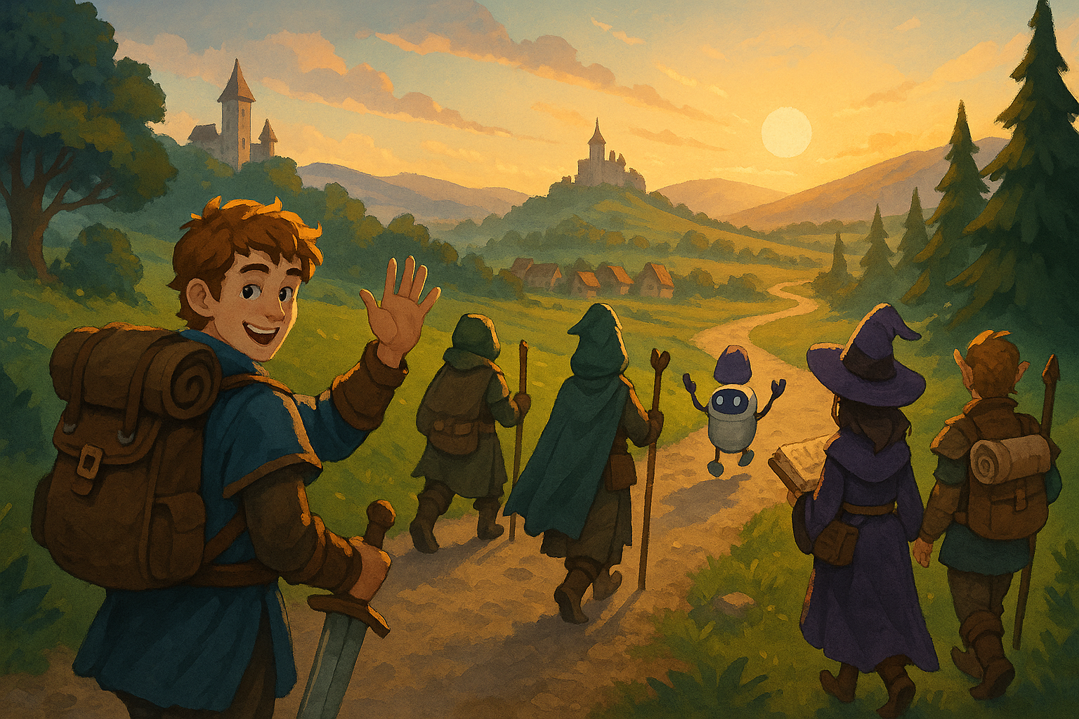 Die Grafik zeigt eine Fantasieszene bei Sonnenuntergang. Eine Gruppe von fünf Abenteurern -- darunter auch ein kleiner Roboter mit Mütze - wandert fröhlich auf einem Weg durch die Natur. Sie tragen Umhänge, Rucksäcke, Stäbe oder ein Schwert. Einer der Abenteurer dreht sich um und winkt lachend. Im Hintergrund sieht man zwei Burgen, Wälder, Hügel und ein Dorf. Die Stimmung ist freundlich, abenteuerlich und hoffnungsvoll - wie zu Beginn einer gemeinsamen Reise.