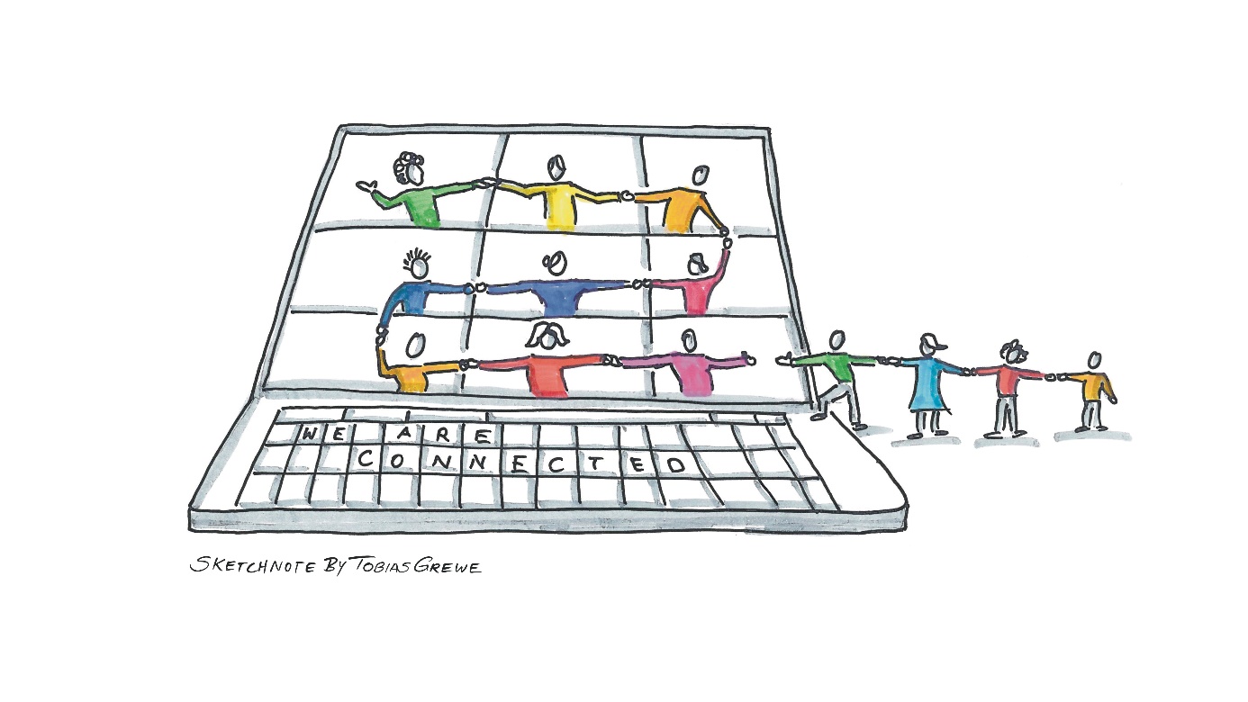 Das Bild beschreibt die Verbundenheit und Gemeinschaft der Menschen durch digitale Technologien. Es zeigt eine Zeichnung eines Laptops, auf dessen Bildschirm Menschen in bunten Kleidern zu sehen sind, die sich an den Händen halten und zusammen mit weiteren Menschen, die neben dem Laptop stehen, eine Kette bilden. Auf der Tastatur des Laptops stehen die Worte 'WE ARE CONNECTED'.