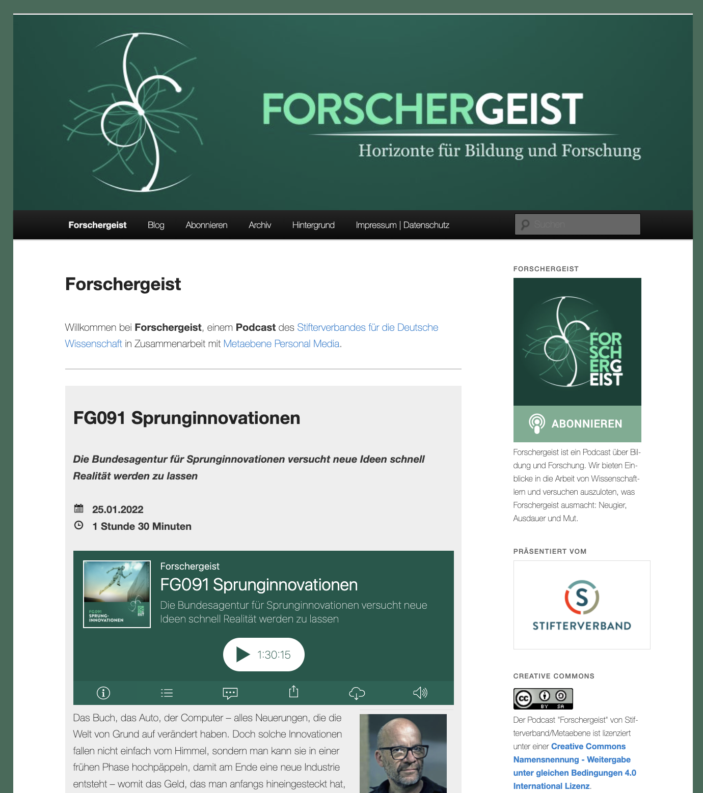 Screenshot der Webseite des Forschergeist Podcasts (forschergeist.de)